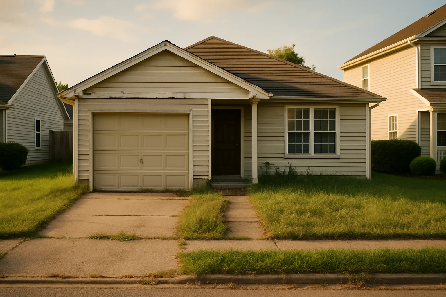 Residential rental property with visible exterior maintenance concerns in a suburban HOA neighborhood