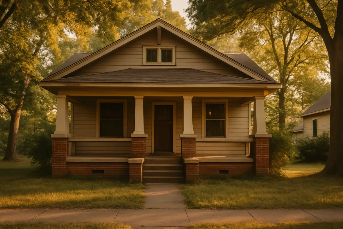 Classic craftsman bungalow with mature trees in golden hour light