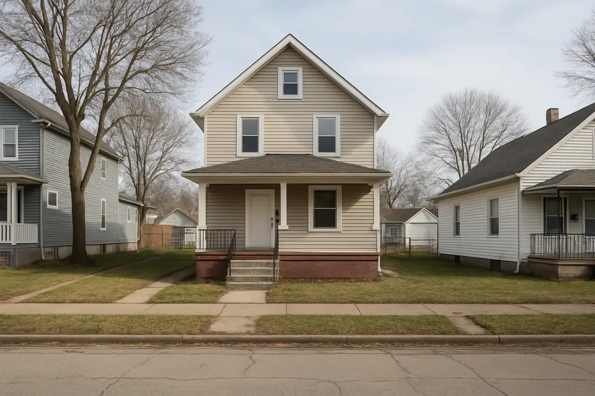 Residential property photographed from across the street showing neighborhood context