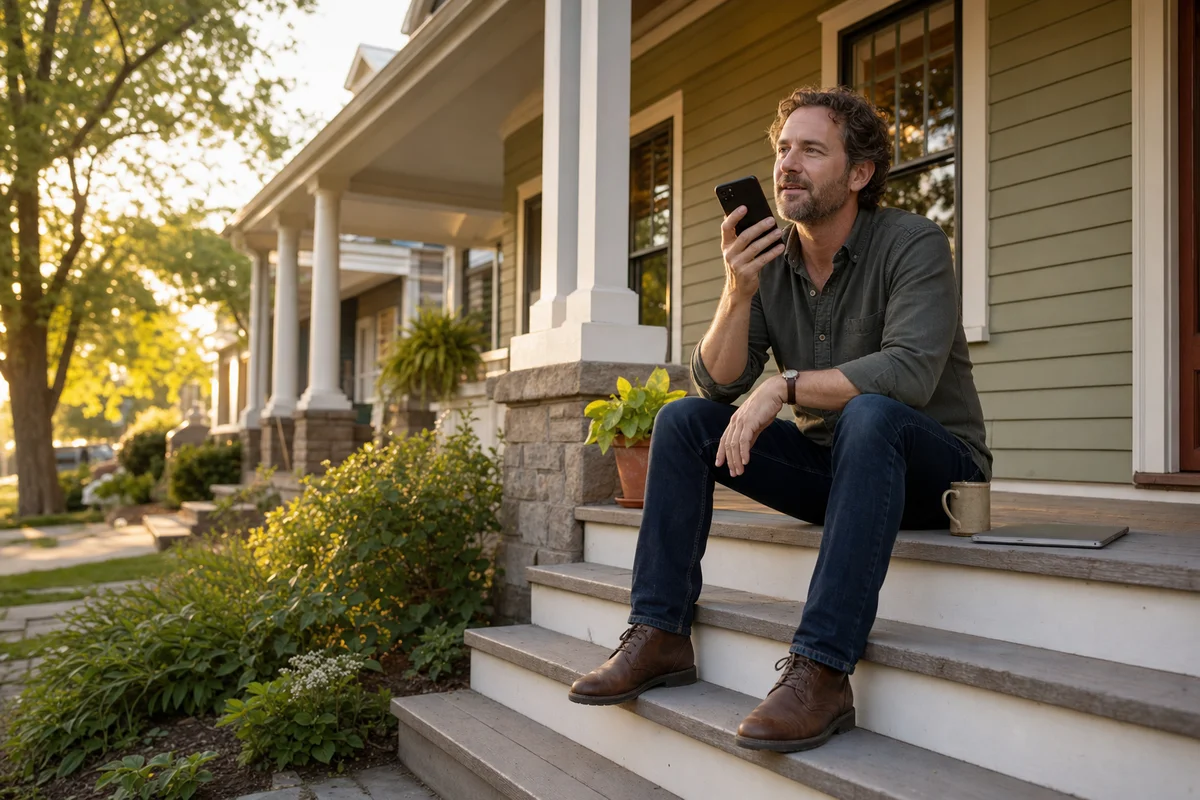 A landlord on the front steps of a rental house, asking their AI assistant a question on their phone
